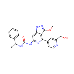 COc1n[nH]c2cc(NC(=O)N[C@H](C)c3ccccc3)nc(-c3ccnc(CO)c3)c12 ZINC001772639561