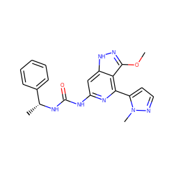 COc1n[nH]c2cc(NC(=O)N[C@H](C)c3ccccc3)nc(-c3ccnn3C)c12 ZINC001772582653