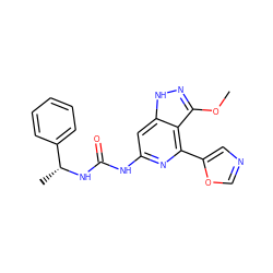 COc1n[nH]c2cc(NC(=O)N[C@H](C)c3ccccc3)nc(-c3cnco3)c12 ZINC001772645154