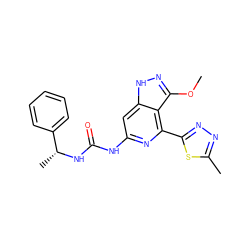 COc1n[nH]c2cc(NC(=O)N[C@H](C)c3ccccc3)nc(-c3nnc(C)s3)c12 ZINC000209363249