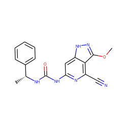 COc1n[nH]c2cc(NC(=O)N[C@H](C)c3ccccc3)nc(C#N)c12 ZINC000209363106