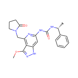 COc1n[nH]c2cc(NC(=O)N[C@H](C)c3ccccc3)nc(CN3CCCC3=O)c12 ZINC001772605367