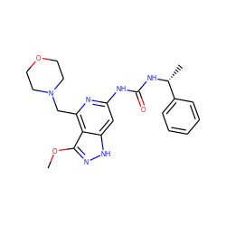 COc1n[nH]c2cc(NC(=O)N[C@H](C)c3ccccc3)nc(CN3CCOCC3)c12 ZINC000209322974