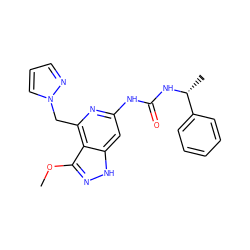 COc1n[nH]c2cc(NC(=O)N[C@H](C)c3ccccc3)nc(Cn3cccn3)c12 ZINC001772578326