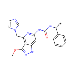 COc1n[nH]c2cc(NC(=O)N[C@H](C)c3ccccc3)nc(Cn3ccnc3)c12 ZINC001772657757