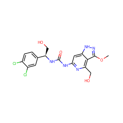 COc1n[nH]c2cc(NC(=O)N[C@H](CO)c3ccc(Cl)c(Cl)c3)nc(CO)c12 ZINC001772592968