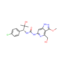 COc1n[nH]c2cc(NC(=O)N[C@H](c3ccc(Cl)cc3)C(C)(C)O)nc(CO)c12 ZINC001772599784