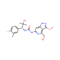 COc1n[nH]c2cc(NC(=O)N[C@H](c3ccc(F)c(C)c3)C(C)(C)O)nc(CO)c12 ZINC001772654972