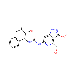 COc1n[nH]c2cc(NC(=O)N[C@H](c3ccccc3)[C@@H](O)C(C)C)nc(CO)c12 ZINC001772572109