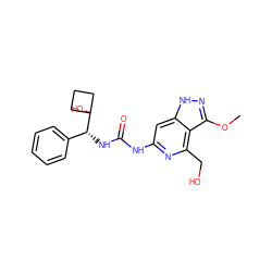 COc1n[nH]c2cc(NC(=O)N[C@H](c3ccccc3)C3(O)CCC3)nc(CO)c12 ZINC001772647448