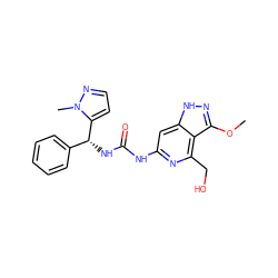 COc1n[nH]c2cc(NC(=O)N[C@H](c3ccccc3)c3ccnn3C)nc(CO)c12 ZINC001772574105