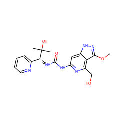 COc1n[nH]c2cc(NC(=O)N[C@H](c3ccccn3)C(C)(C)O)nc(CO)c12 ZINC001772584777