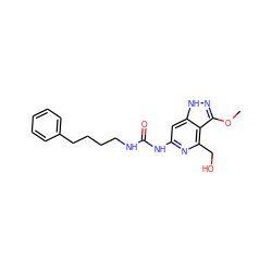 COc1n[nH]c2cc(NC(=O)NCCCCc3ccccc3)nc(CO)c12 ZINC000209339373