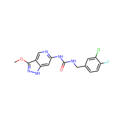 COc1n[nH]c2cc(NC(=O)NCc3ccc(F)c(Cl)c3)ncc12 ZINC001772602195