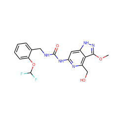 COc1n[nH]c2cc(NC(=O)NCc3ccccc3OC(F)F)nc(CO)c12 ZINC001772608619