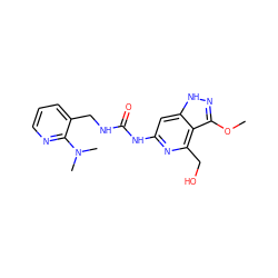 COc1n[nH]c2cc(NC(=O)NCc3cccnc3N(C)C)nc(CO)c12 ZINC001772632681