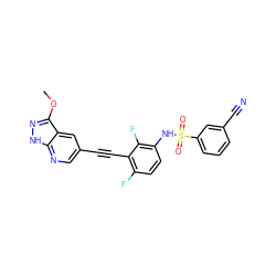 COc1n[nH]c2ncc(C#Cc3c(F)ccc(NS(=O)(=O)c4cccc(C#N)c4)c3F)cc12 ZINC001772593490