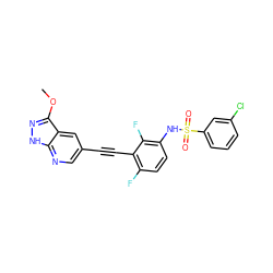 COc1n[nH]c2ncc(C#Cc3c(F)ccc(NS(=O)(=O)c4cccc(Cl)c4)c3F)cc12 ZINC001772620395