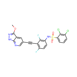 COc1n[nH]c2ncc(C#Cc3c(F)ccc(NS(=O)(=O)c4cccc(Cl)c4Cl)c3F)cc12 ZINC001772573881