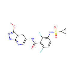 COc1n[nH]c2ncc(NC(=O)c3c(F)ccc(NS(=O)(=O)C4CC4)c3F)cc12 ZINC000072182359