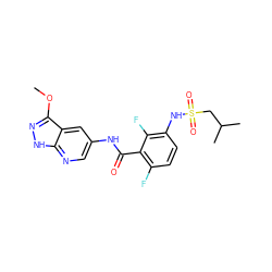 COc1n[nH]c2ncc(NC(=O)c3c(F)ccc(NS(=O)(=O)CC(C)C)c3F)cc12 ZINC000072182347