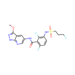 COc1n[nH]c2ncc(NC(=O)c3c(F)ccc(NS(=O)(=O)CCCF)c3F)cc12 ZINC000072182346