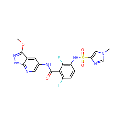 COc1n[nH]c2ncc(NC(=O)c3c(F)ccc(NS(=O)(=O)c4cn(C)cn4)c3F)cc12 ZINC000072179838