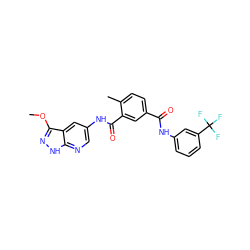 COc1n[nH]c2ncc(NC(=O)c3cc(C(=O)Nc4cccc(C(F)(F)F)c4)ccc3C)cc12 ZINC000095573014