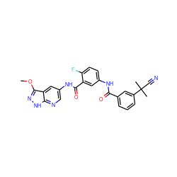 COc1n[nH]c2ncc(NC(=O)c3cc(NC(=O)c4cccc(C(C)(C)C#N)c4)ccc3F)cc12 ZINC000095577744