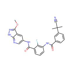 COc1n[nH]c2ncc(NC(=O)c3cccc(NC(=O)c4cccc(C(C)(C)C#N)c4)c3F)cc12 ZINC000095578247
