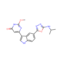 COc1nc(-c2c[nH]c3ccc(-c4nnc(NC(C)C)o4)cc23)cc(=O)[nH]1 ZINC000221765396