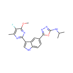 COc1nc(-c2c[nH]c3ccc(-c4nnc(NC(C)C)o4)cc23)nc(C)c1F ZINC000221714561