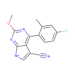 COc1nc(-c2ccc(F)cc2C)c2c(C#N)c[nH]c2n1 ZINC000095577861