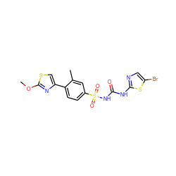 COc1nc(-c2ccc(S(=O)(=O)NC(=O)Nc3ncc(Br)s3)cc2C)cs1 ZINC000045349452