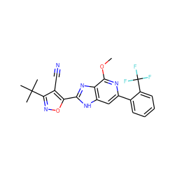 COc1nc(-c2ccccc2C(F)(F)F)cc2[nH]c(-c3onc(C(C)(C)C)c3C#N)nc12 ZINC000141727092