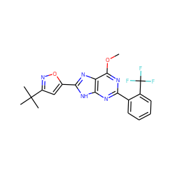 COc1nc(-c2ccccc2C(F)(F)F)nc2[nH]c(-c3cc(C(C)(C)C)no3)nc12 ZINC001772576634