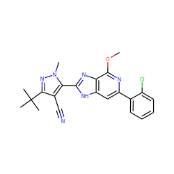 COc1nc(-c2ccccc2Cl)cc2[nH]c(-c3c(C#N)c(C(C)(C)C)nn3C)nc12 ZINC001772580268