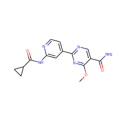 COc1nc(-c2ccnc(NC(=O)C3CC3)c2)ncc1C(N)=O ZINC000230838485