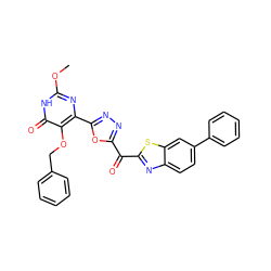 COc1nc(-c2nnc(C(=O)c3nc4ccc(-c5ccccc5)cc4s3)o2)c(OCc2ccccc2)c(=O)[nH]1 ZINC000147134346