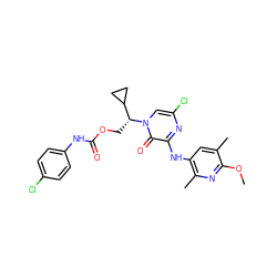 COc1nc(C)c(Nc2nc(Cl)cn([C@H](COC(=O)Nc3ccc(Cl)cc3)C3CC3)c2=O)cc1C ZINC000117121293