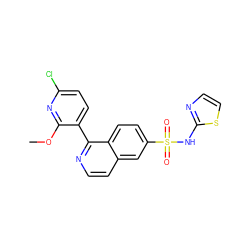 COc1nc(Cl)ccc1-c1nccc2cc(S(=O)(=O)Nc3nccs3)ccc12 ZINC000225116126