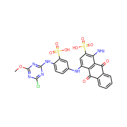 COc1nc(Cl)nc(Nc2ccc(Nc3cc(S(=O)(=O)O)c(N)c4c3C(=O)c3ccccc3C4=O)cc2S(=O)(=O)O)n1 ZINC000049899400