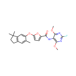 COc1nc(F)nc(OC)c1NC(=O)c1ccc(Oc2cc3c(cc2C)CCC3(C)C)o1 ZINC000169310201