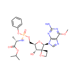 COc1nc(N)nc2c1ncn2[C@@H]1O[C@H](CO[P@@](=O)(N[C@@H](C)C(=O)OC(C)C)Oc2ccccc2)[C@@H](O)[C@]12CCO2 ZINC000103266464