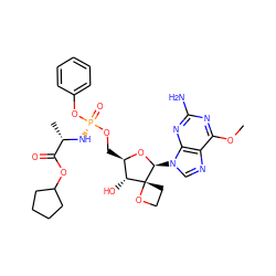 COc1nc(N)nc2c1ncn2[C@@H]1O[C@H](CO[P@@](=O)(N[C@@H](C)C(=O)OC2CCCC2)Oc2ccccc2)[C@@H](O)[C@]12CCO2 ZINC000103265452