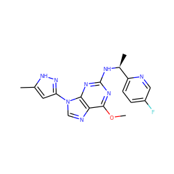 COc1nc(N[C@@H](C)c2ccc(F)cn2)nc2c1ncn2-c1cc(C)[nH]n1 ZINC000096167844