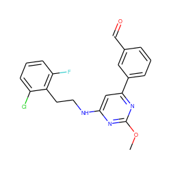 COc1nc(NCCc2c(F)cccc2Cl)cc(-c2cccc(C=O)c2)n1 ZINC000066104551