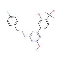 COc1nc(NCCc2ccc(F)cc2)nc(-c2ccc(C(C)(C)O)c(OC)c2)n1 ZINC000206750503