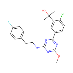 COc1nc(NCCc2ccc(F)cc2)nc(-c2ccc(Cl)c(C(C)(C)O)c2)n1 ZINC000103237171