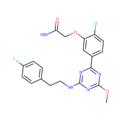 COc1nc(NCCc2ccc(F)cc2)nc(-c2ccc(Cl)c(OCC(N)=O)c2)n1 ZINC000206768654